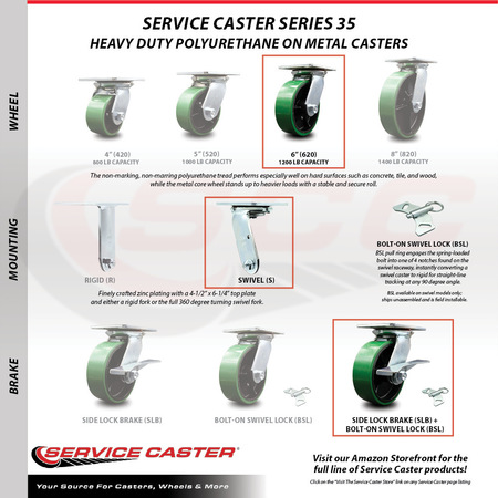 Service Caster 6 Inch Green Poly on Cast Iron Caster with Roller Bearing and Brake/Swivel Lock SCC-35S620-PUR-GB-SLB-BSL